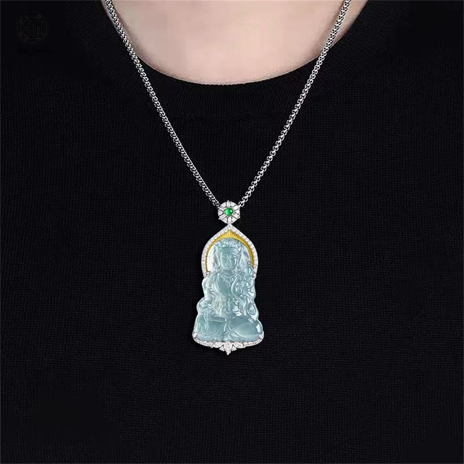 Natural Grade A Jadeite Blue Water Tara Guanyin Pendant 925 Sterling Silver Ice Translucent Unisex Gemstone Necklace Jewelry