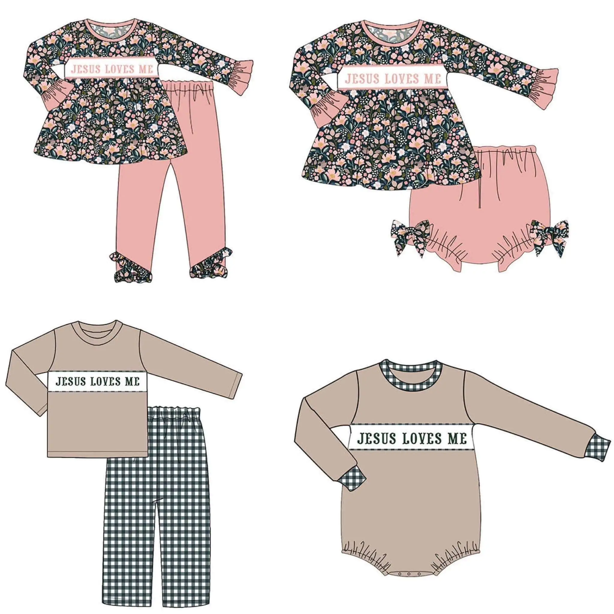 Baby Boy Clothes Girl Set Kid Bubble Clothing Two Piece Cute Jesus Love Me Embroidery Long Sleeve Lattice Long Pants Boy Clothes