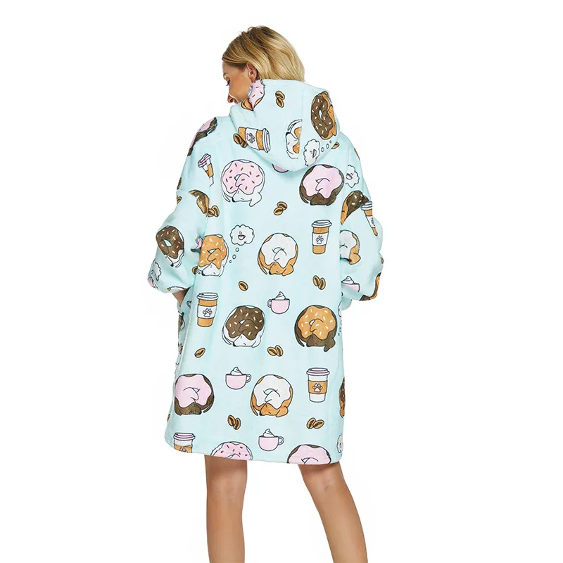 Sweet Doughnut Print Hooded Nightgown Bigsize Casual Long Sleeve Bathrobe Gown Thicken Flannel Nightwear Women Blanket Sleepwear