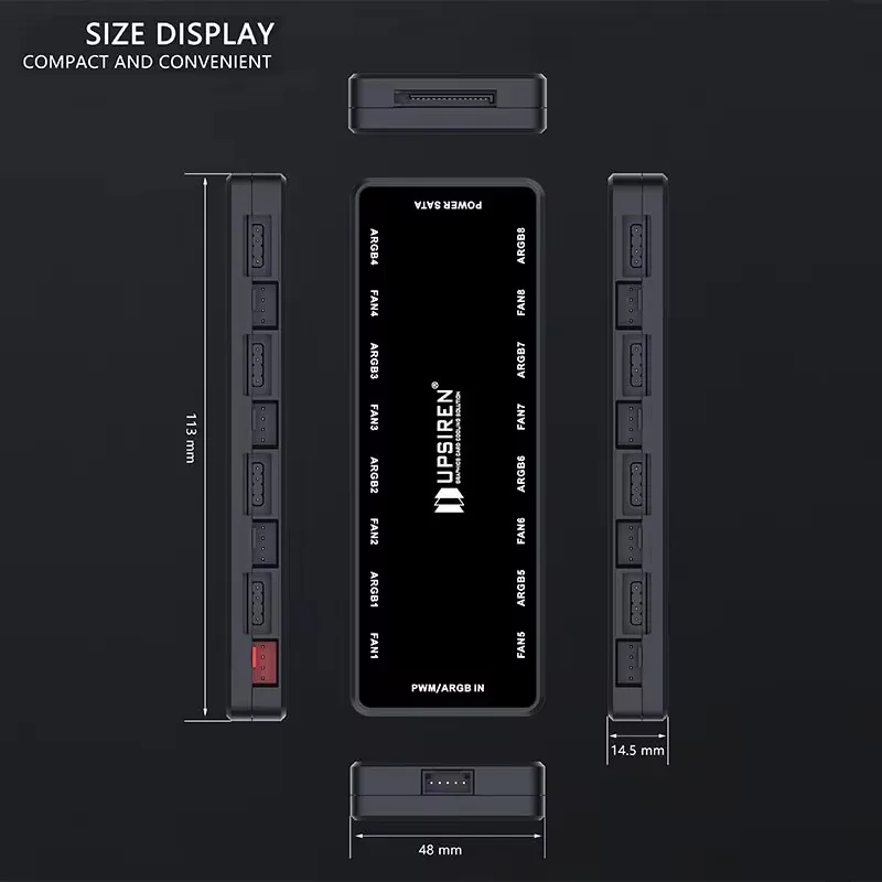 UPSIREN HU-8 섀시 선풍기 허브, 지지대 마더보드 동기화, 하단 마그네틱 디자인, 8 세트 ARGB 및 PWM 인터페이스