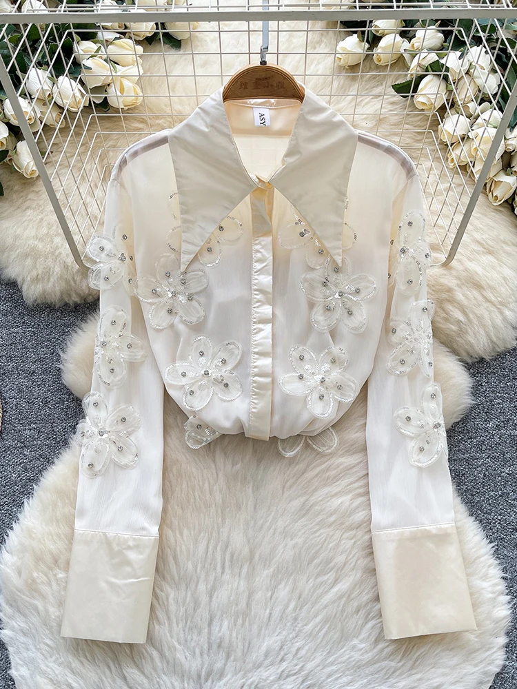 الفرنسية الماس رصع ثلاثي الأبعاد زهرة التلبيب قميص طويل الأكمام للنساء ربيع الخريف تنوعا شيك الاتجاه العلوي C363