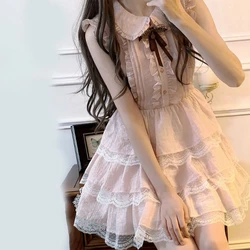 Pink Lolita Kawaii Lace Mini Dresses Women Flying Sleeve Japanese Sweet Cute Dress Female Korean Style Ruched Fairy Party Dress