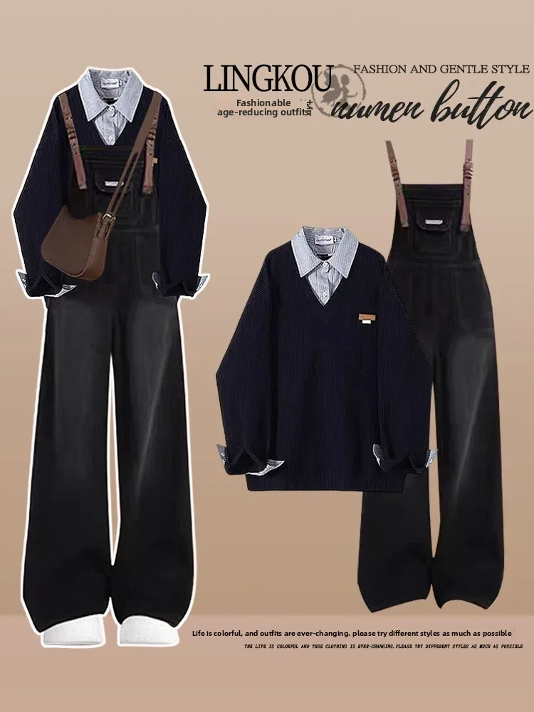 

Осенний комплект больших размеров в стиле преппи, женский лоскутный комплект из двух предметов для похудения и джинсовый комбинезон, модный студенческий вид