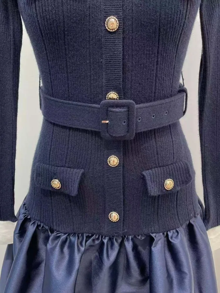 Büro Damen Elegante Designer Dunkelblau Slim Fit Mittlere Taille Herbst Winter Frauen Langarm O Neck Patchwork Lange Stil Kleider