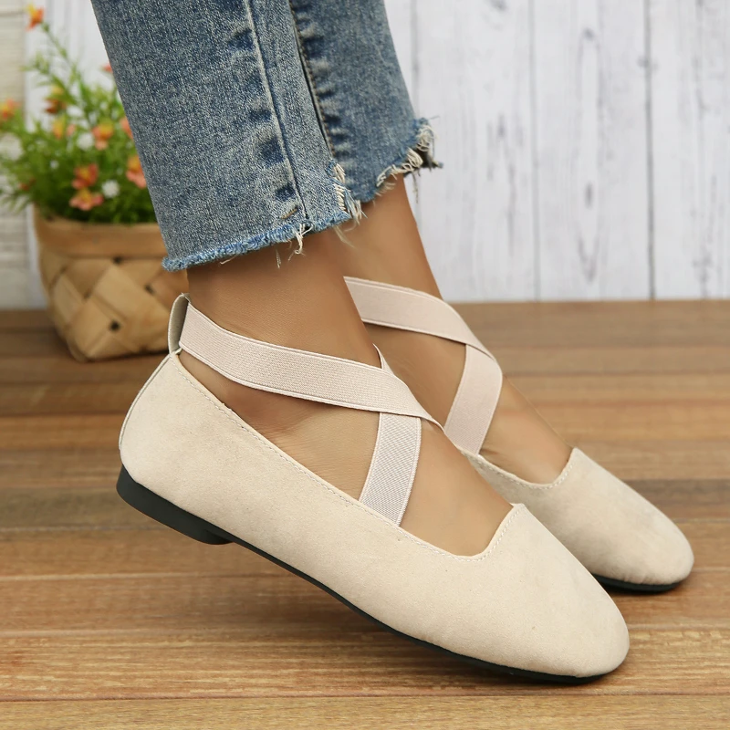 Autumn New Shallow Mouth Elastic Lacing Round Head Flat Shoes Casual Comfortable Elegant with Breathable Women's Single Shoes