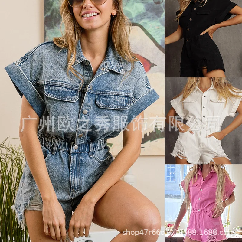 

Джинсовый комбинезон, женские комбинезоны, цельные джинсы, короткие брюки, однобортные однобортные шорты с эластичной резинкой на талии, уличная одежда, лето 2023 г.