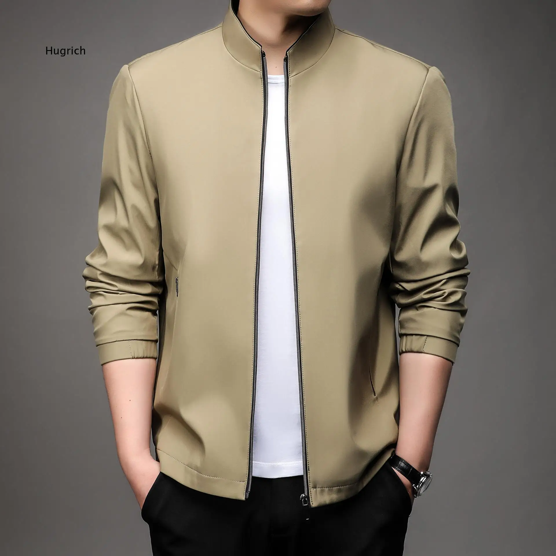 Men Stand Collar Jacket For Middle Aged Fathers Loose Casual Outer Coat Simple Solid Design For Autumn Daily Wear And Multiple D