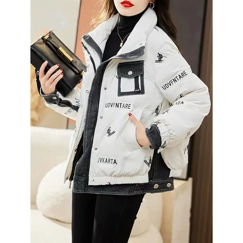 Women's Winter Coats 2024 Casual White Duck Down Warm Thicken Outwear Stand Collar Fake Two Pieces Denim Splicing Puffer Jacket