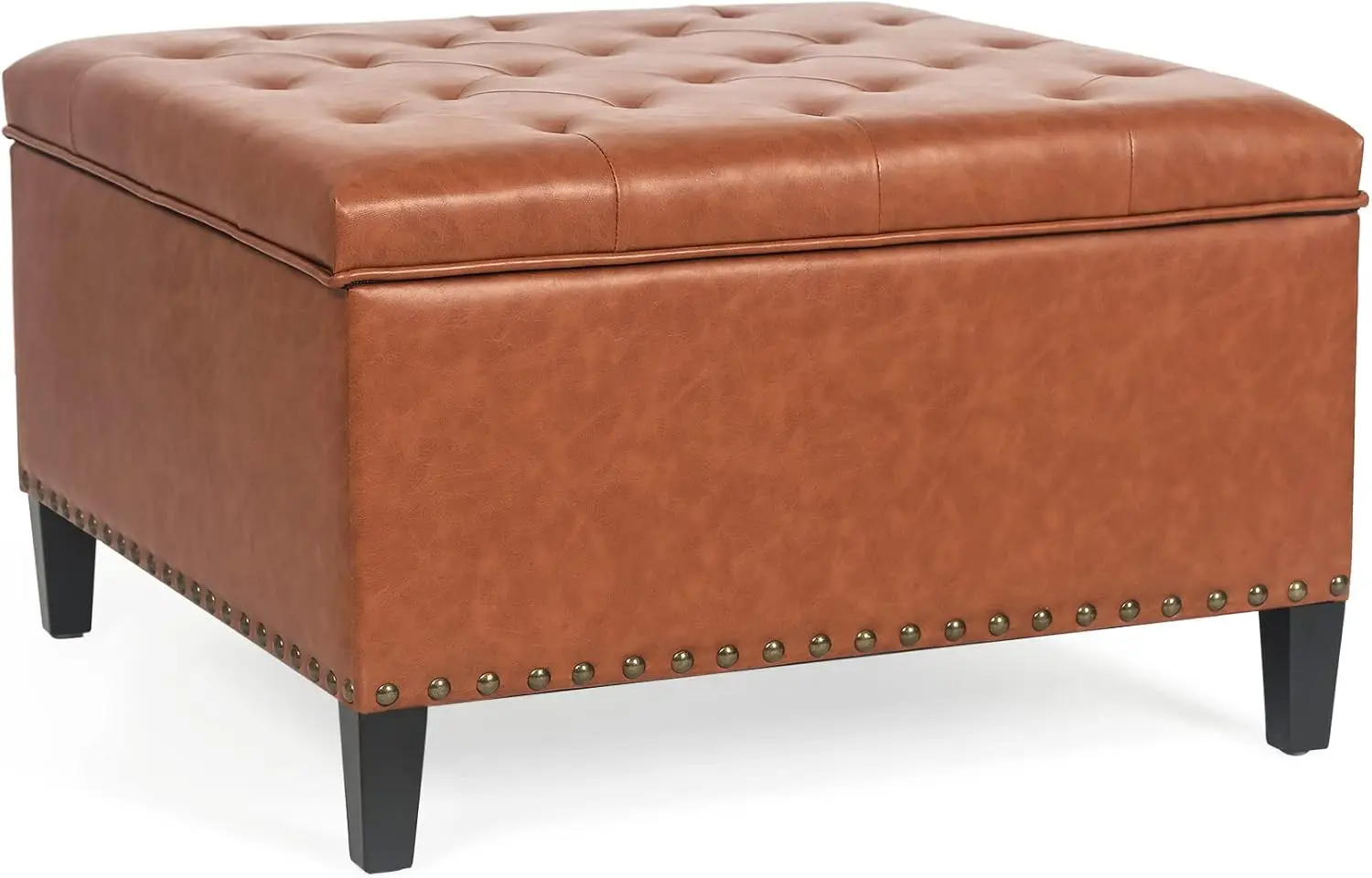 Large Square Storage Ottoman Bench, Tufted Upholstered Coffee Table Footstool Footrest with Wood Legs for Living Room Bedroom