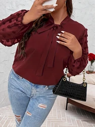 Plus Size Spring Autumn Women Elegant Bow Tie Neck Shirt Office Lady Fashion Solid Curve Clothing Casual Long Sleeve Tops