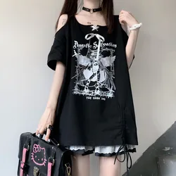 女性用半袖原宿Tシャツ,裸の肩,ゴシックTシャツ,ステッチTシャツ,サブカルチャーTシャツ,パンクとロックTシャツ,y2k服,新品