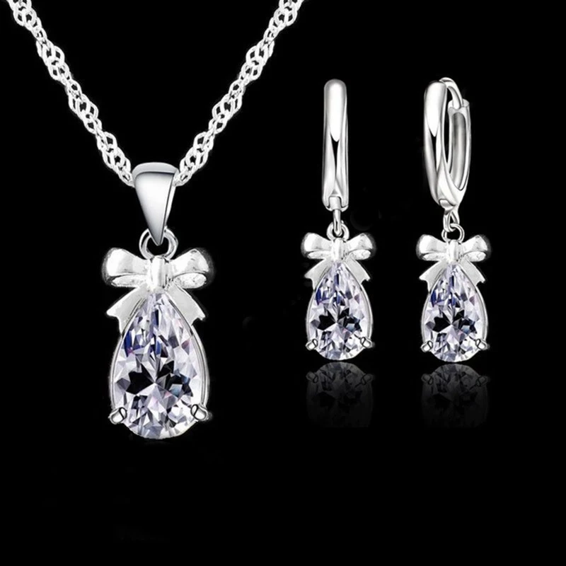 New Gift Set 925 Real 925 Sterling Silver With White Stone Cubic Zirconia Dangle Earring Pendant Necklace Woman Jewelry Set