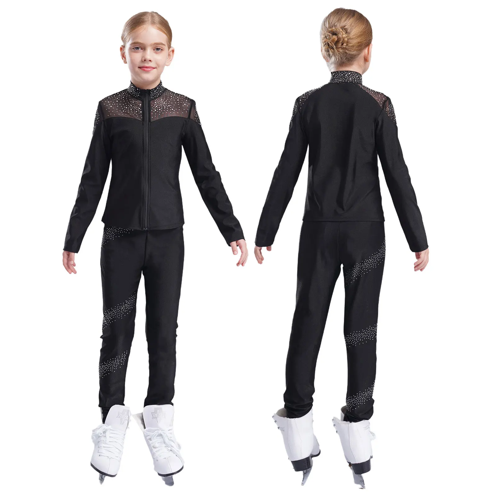 Kids Girls Figure Skating Costume Rhinestones Mesh Patchwork Jacket Long Sleeve Zipper Sweatshirt+Tank Top Vest+Leggings Pants