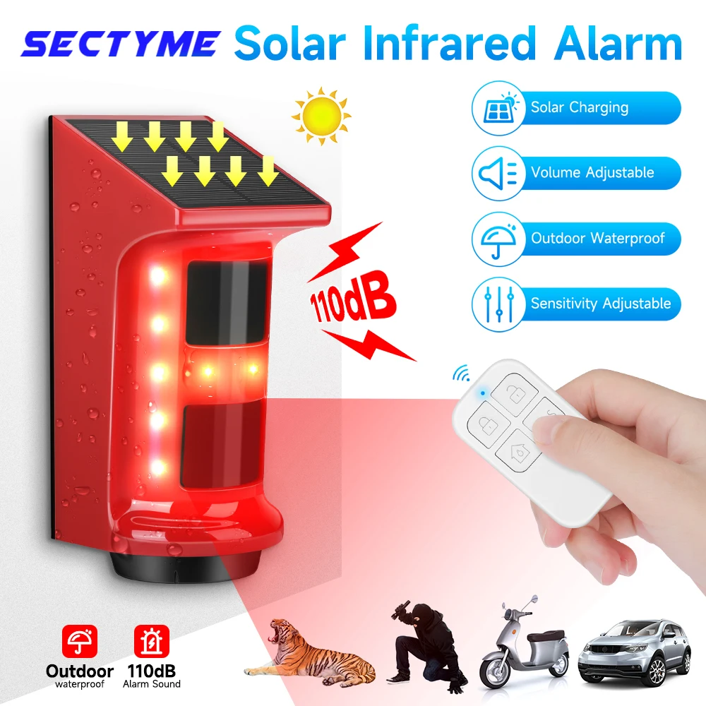 sectyme solar sound light alarm strobe alarme de seguranca sensor de movimento controle remoto exterior quintal jardim 01