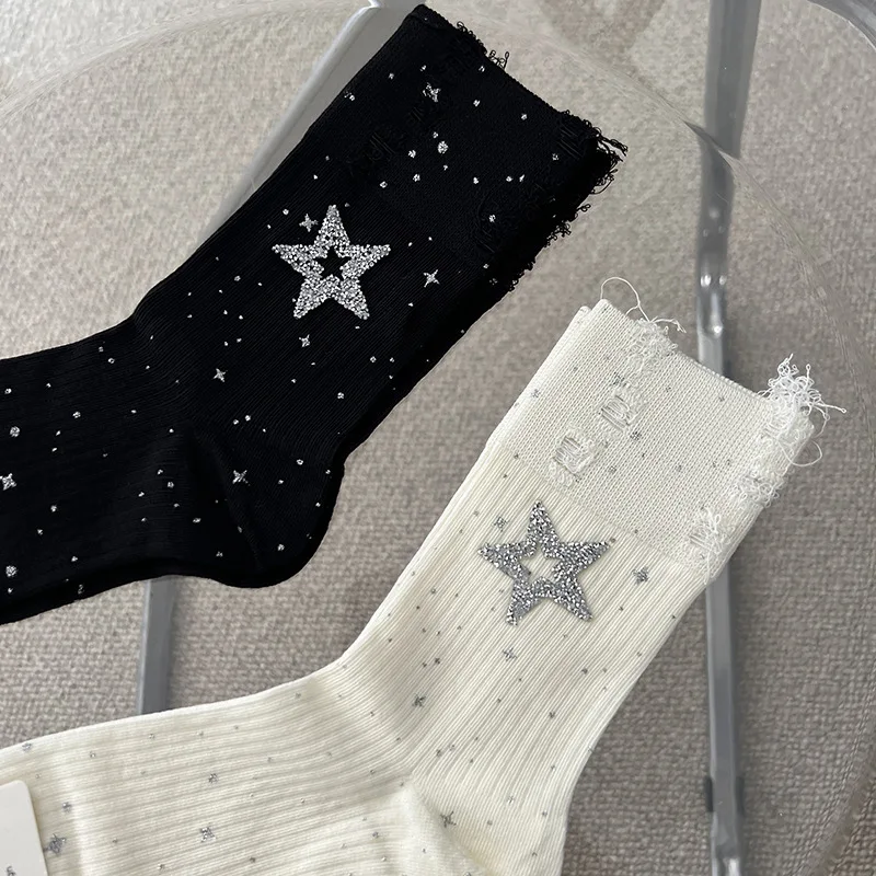 Y2K Distressed Fringe Crew Socks Rhinestone Star Print Thin Cotton Mid Calf Stackable Socks Sweet Cool Women Street Hosiery