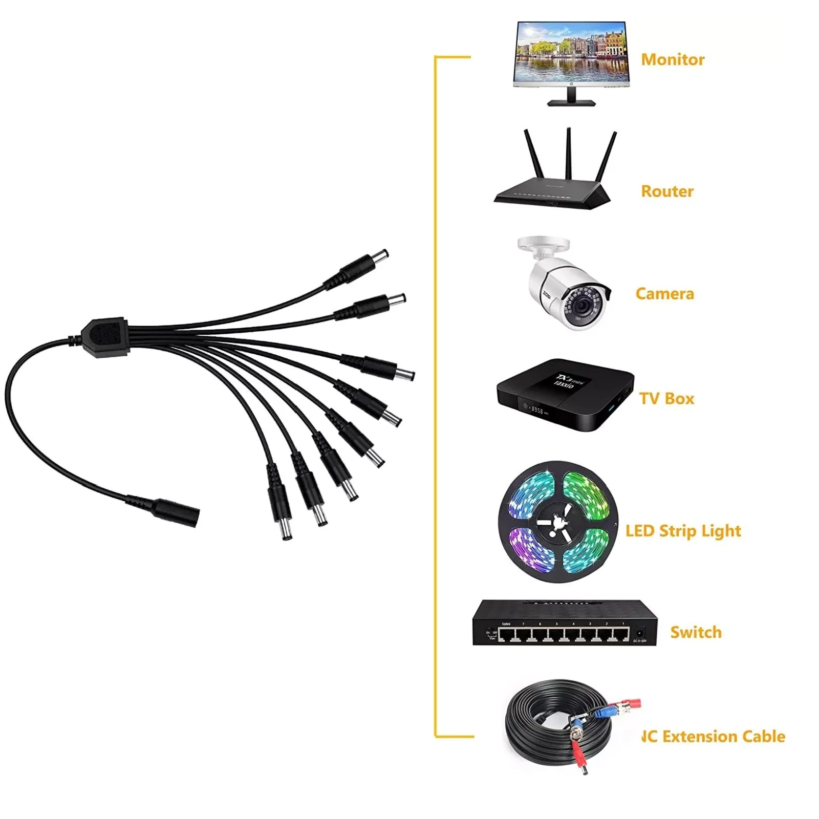 1Pc 5.5mm x 2.1mm 1 Female to 8 Male DC Power Splitter Plug Cable Adapter 12V For CCTV Home Security Camera Accessories