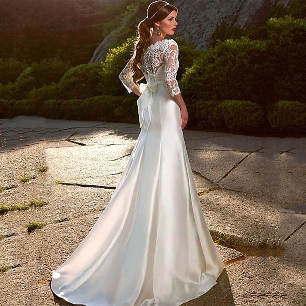 2024 Mermaid Women's Bridal Gowns Bright Satin Surface Princess Tulle Lace Applique Wedding Dresses Formal Beach Party Robe 2024