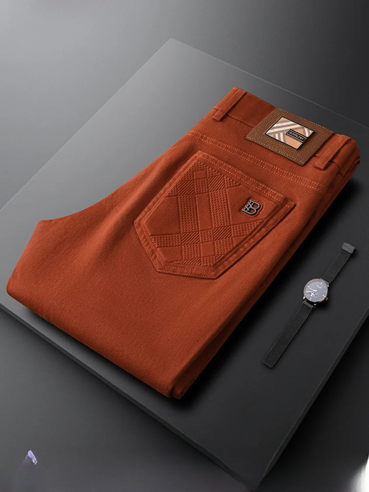 

Autumn Winter Men's Orange Casual Jeans Slim Straight Busin Faion Leather Brand Emed Men's Pants
