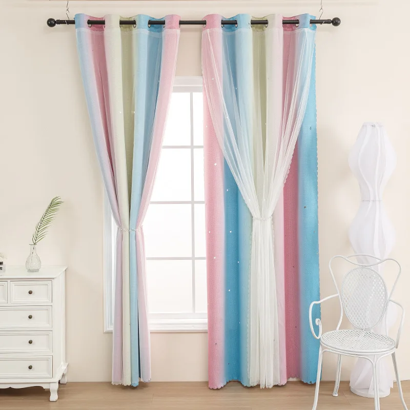 Double Blue Pink Gradient Perforated Curtains Children's Room Window Decorative Curtains Stars Hollow Out