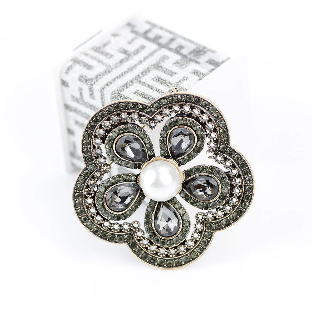 Sunspicems Vintage Gray Crystal Turkish Brooch Pin For Women Ethnic Bridal Jewelry Arab Hijab Scarf Broches Brooch Rhinestone
