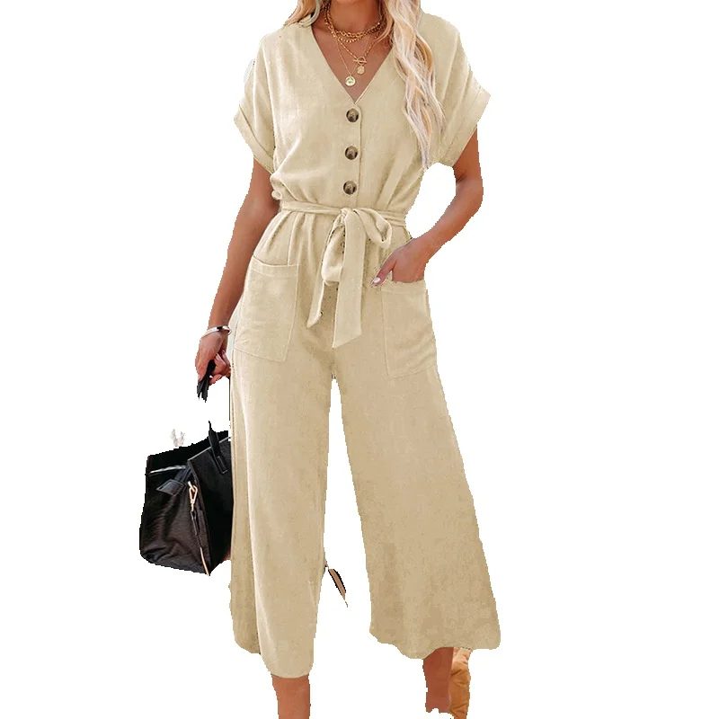 

Summer New Casual Solid Color Straight Tube Pants For Women Personalized Strap Button Wide Leg Jumpsuit