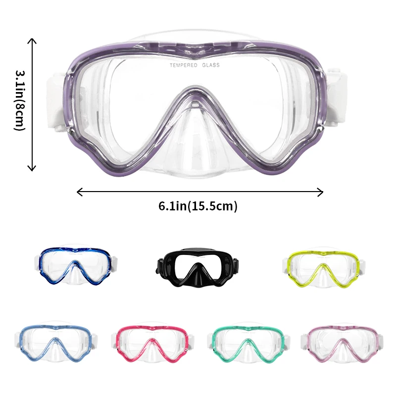 Diving Mask Swimming Goggles Scuba Snorkel Silicone Skirt Tempered Glass Panoramic HD Anti-Fog with Nose Cover for 8-12 Age Kids