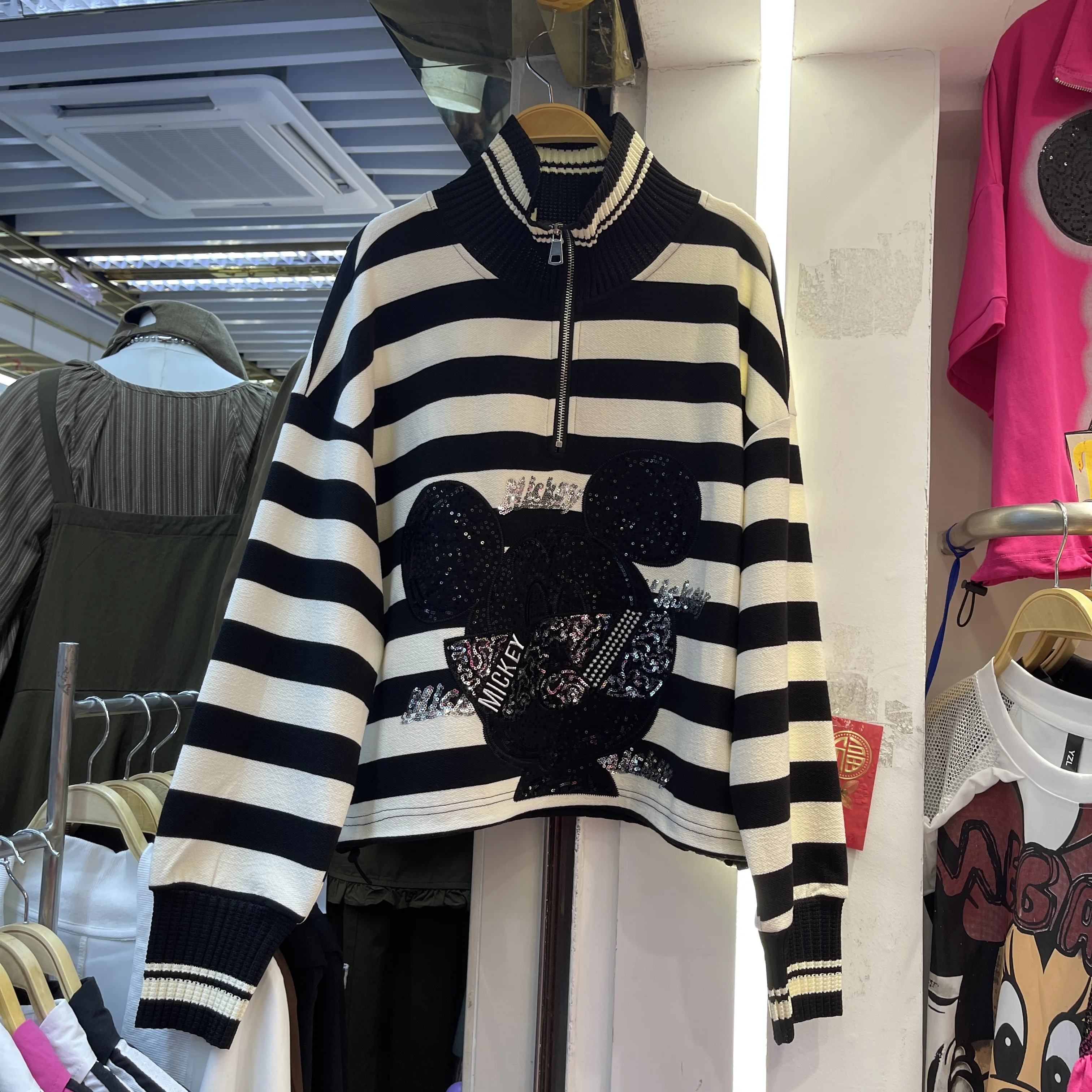 2025 Autumn New Heavy Sequin Print Cartoon Pullover Sweatshirt for Women Loose Fashion Half-Zip Long Sleeve Top Pullover Tops