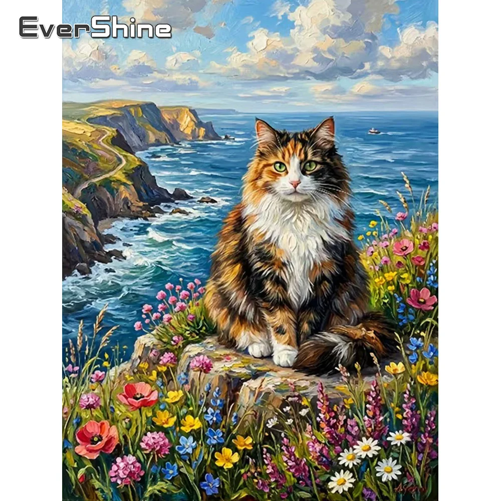 Evershine 11CT Embroidery Supplies Cat Animal Printed Canvas Cross Stitch Kit Seaside Flower Craft Kit New Arrivals Home Decor