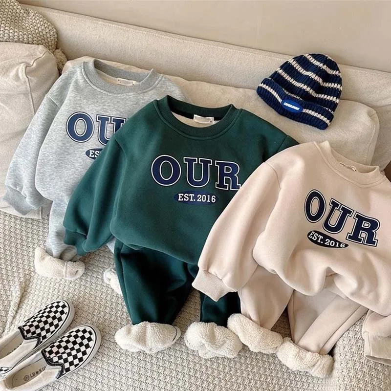 Fashion Letters Plush Children\'s Sets Korean Casual Autumn Winter Children\'s Set Long Sleeved Letter Thick Sweater Pant 2Pcs Set