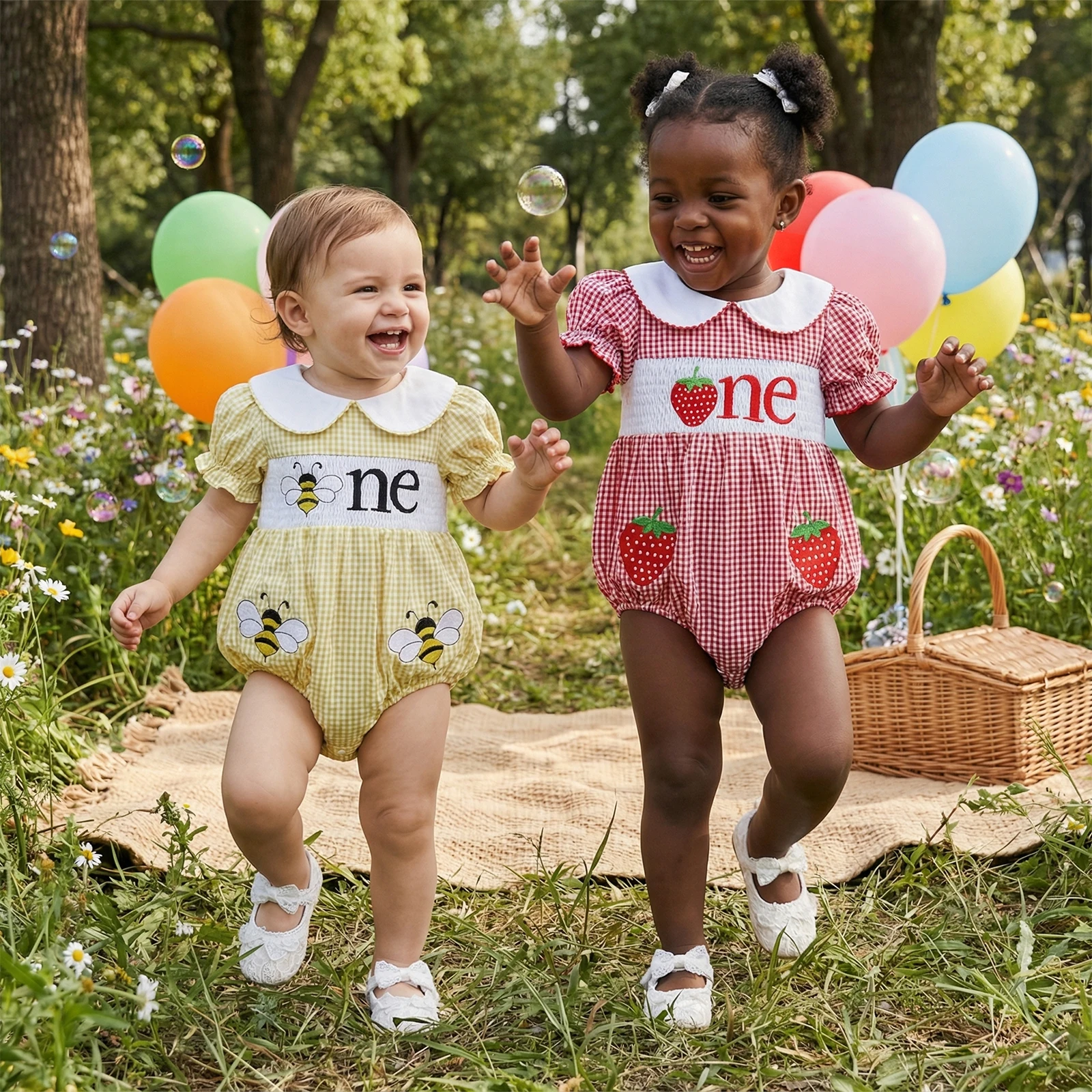 Summer Infant Baby Girl Birthday Bodysuit Plaid Strawberry Embroidered Collar Short Sleeve Jumpsuit Clothes