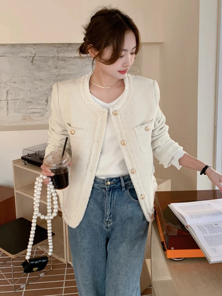 Elegant Tweed Woolen Slim Jackets  Vintage Single Breasted Jaqueta Korean Fashion Chaquetas Abrigos Women Spring Fall Casacas