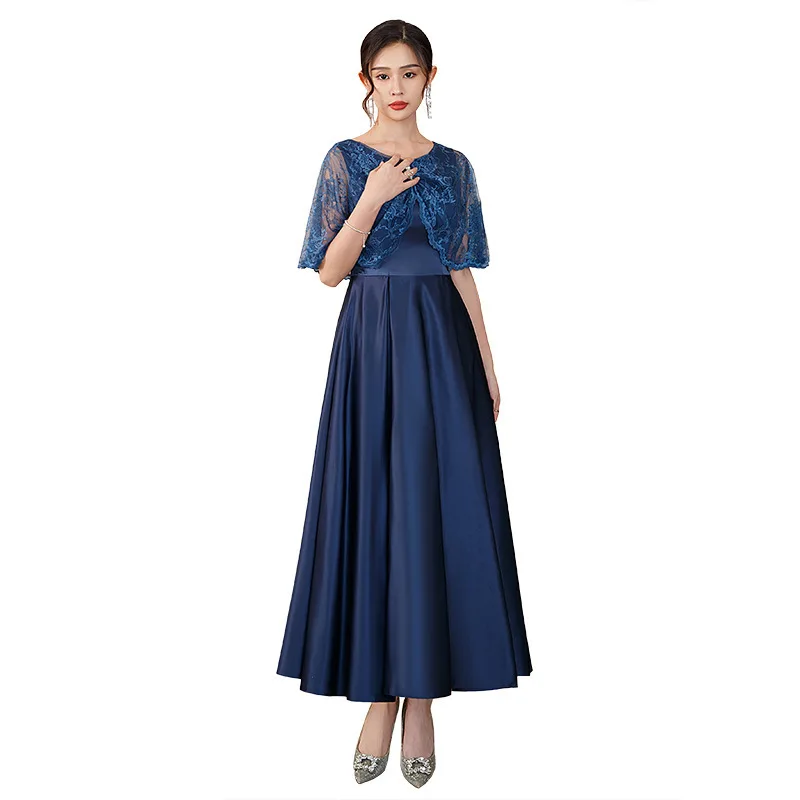 Elegant Satin Mother Of The Bride Dresses Plus Size Navy Blue Mother Dress With Lace Shawl