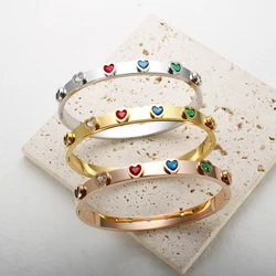 New Trendy Stainless Steel Colorful Zircon Love Heart Shaped Bracelet for Women Friendship Bangle Jewelry Gift