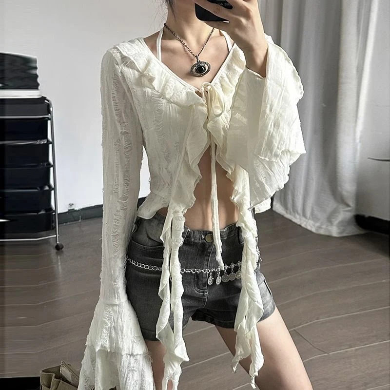 Irregular Cardigan Women Tassels Chic Solid Long-Sleeved Harajuku Y2K Shirt Fashion Skinny Ruffled Korean Flare Lace-Up Blouse