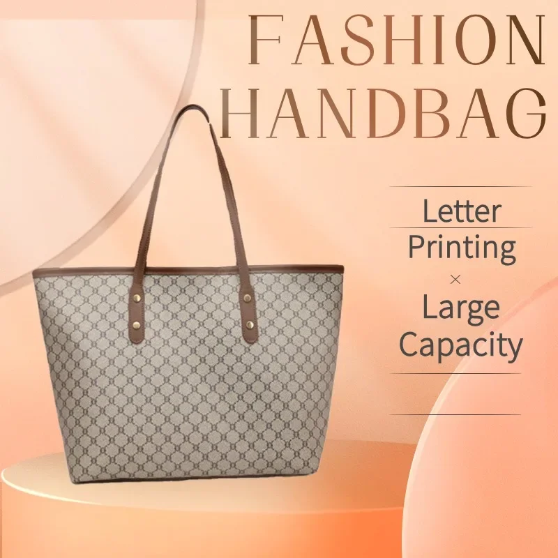 Classic Vintage Letter Printing Tote Bag, Large Capacity Commuter Handbag, Women\'s PU Leather Shoulder Bag