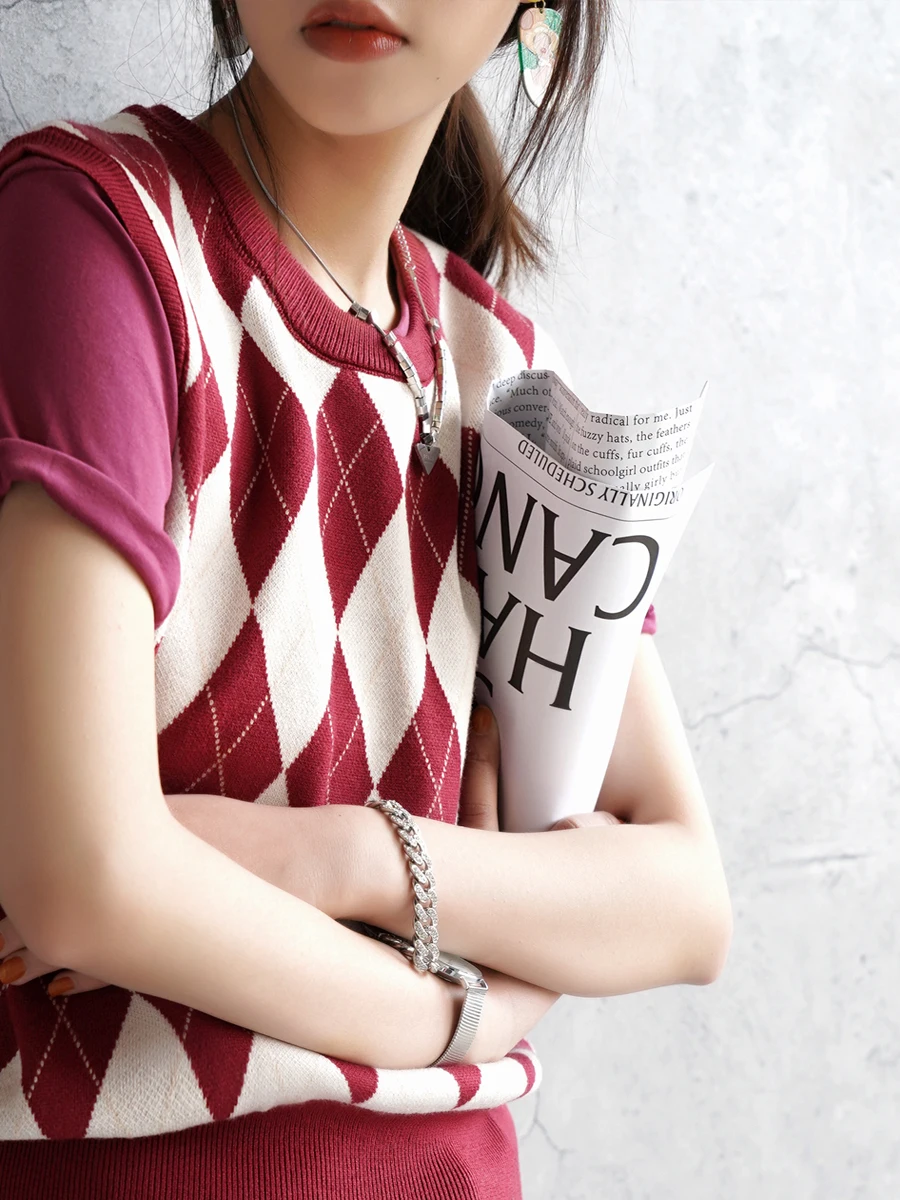 

Warmo Spring Knitted round Ne Plaid Vest ort Sve Casual Retro Women's Top Trendy Two-Piece Set Commute Sle Korean Ve...