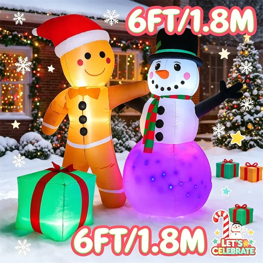 6FT Light Up Christmas Inflatable Model Blow Up Gingerbread Man and Snowman with Colorful LED Projector Lights for Outdoor Yard