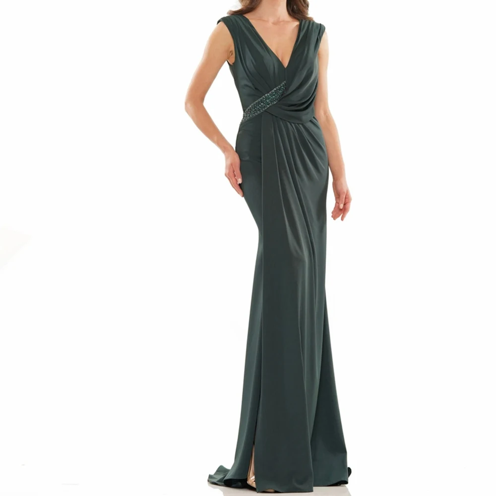 Customized Temperament V-Neck Jersey Crystal Sleeveless Evening Dress Modern Floor Length Celebrity Gowns Vestido De Noche