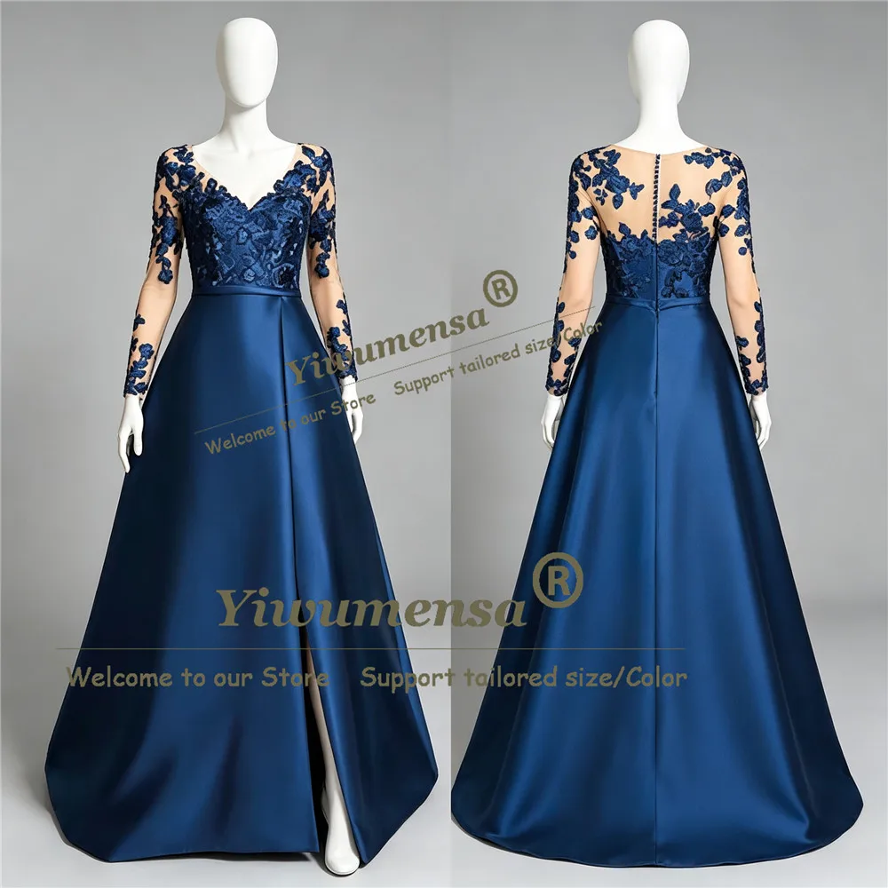 Royal Blue Mother Of The Bride Dresses Customized Lace Applique A-Line  Wedding Guest Gowns Split Satin Illusion Evening Dress