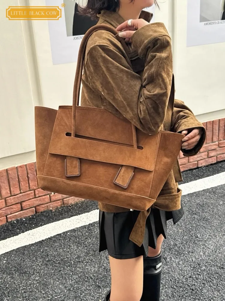 

Elegant Women Hasp Office Suede Genuine Leather Large Capacity Casual Tote Vintage Design Ladies Fashion Single Shoulder Handbag