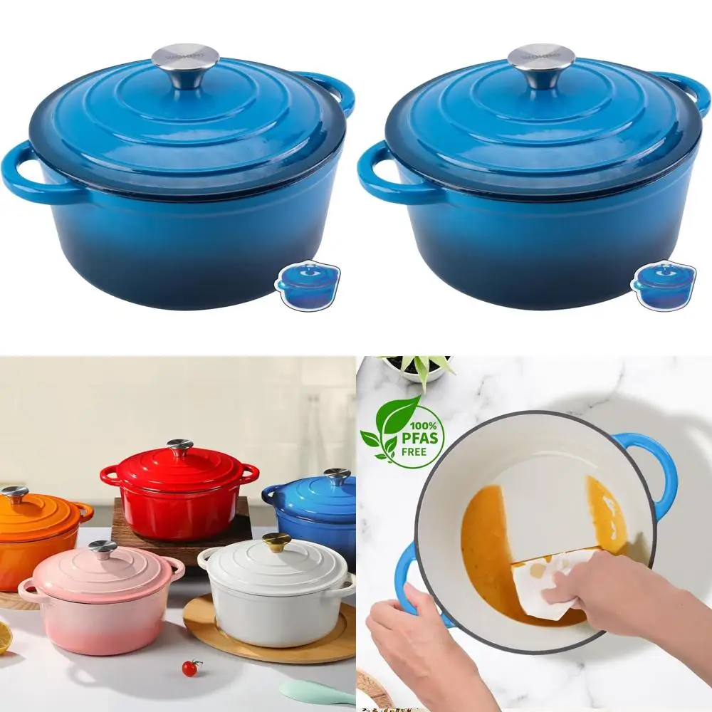 

Сверхмощная чугунная голландская духовка с синей эмалью 7QT с крышкой для выпечки, тушения, раковины и обжарки, безопасная в духовке до 500 шт. ° Ф