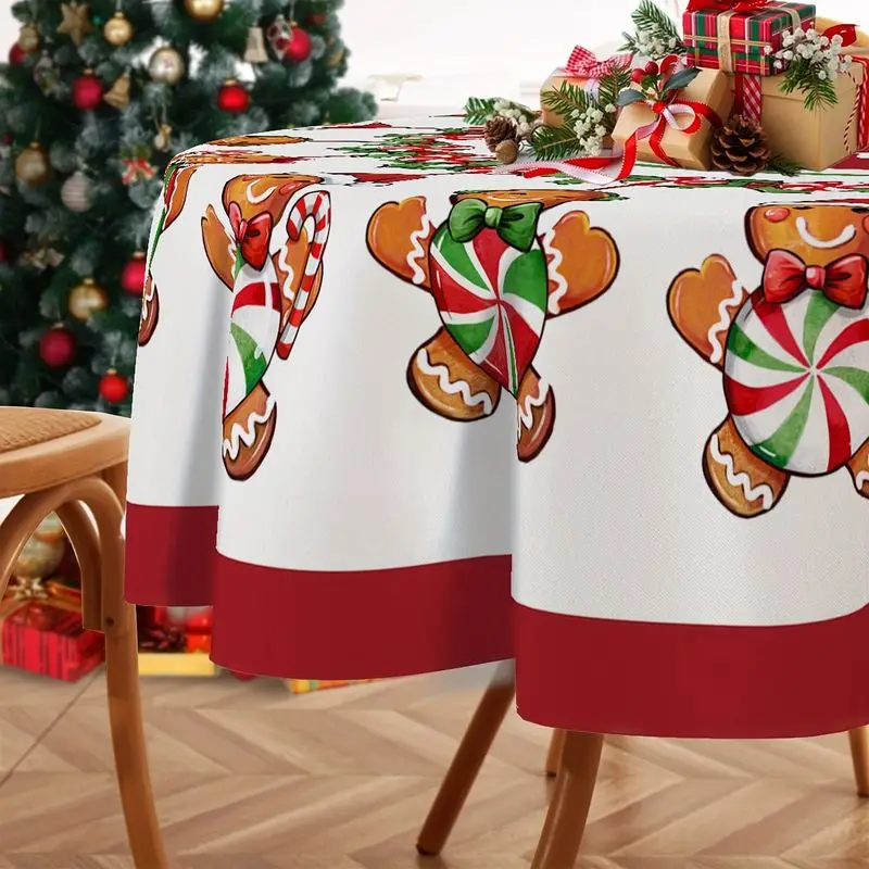 VIKAMA Gingerbread Man Round Tablecloth White Red Holly Peppermint Candy Cane Merry Christmas Round Table Cover Xmas Decor