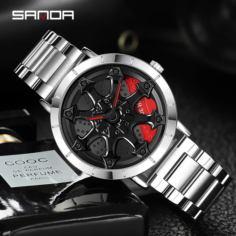 

SANDA 1078 New Unique Real 3D Model Spinning Wheel Hub Watch Luxury Luminous Japan Move Waterproof Super Car Rim Watches For Men