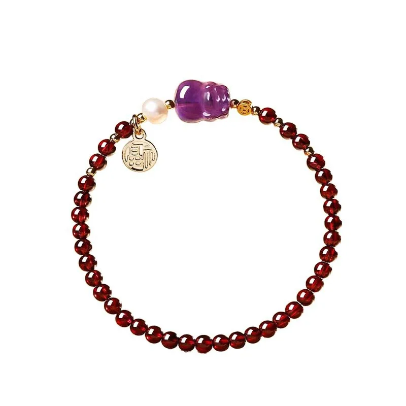 

Natural Garnet Lucky Beaded Bracelet Wine Red Crystal Bracelet for Women with Yellow Purple Crystal and Pixiu Charms Gifts