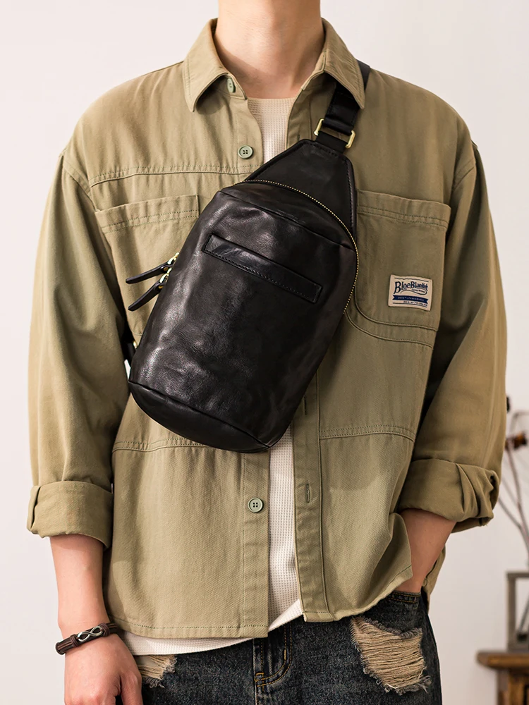 Organizers designers handmade first layer cowhide men's chest bag simple casual fashion genuine leather black crossbody bag