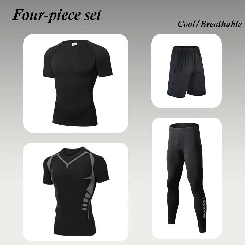 

Мужской новый комплект для бега: быстросохнущая футболка с коротким рукавом, леггинсы для баскетбола, фитнеса, тренажерного зала, топ для тренировок, спортивный костюм