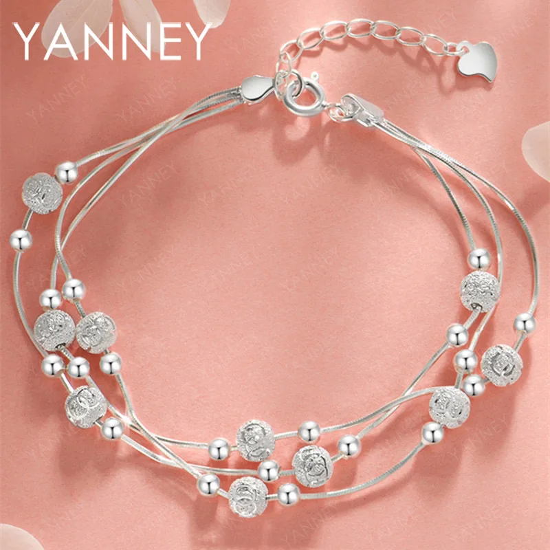 New 925 Sterling Silver 8-Inches Multi-Line Frosted Bead Bracelet - Fashionable, Elegant, Christmas Gift Jewelry for Women