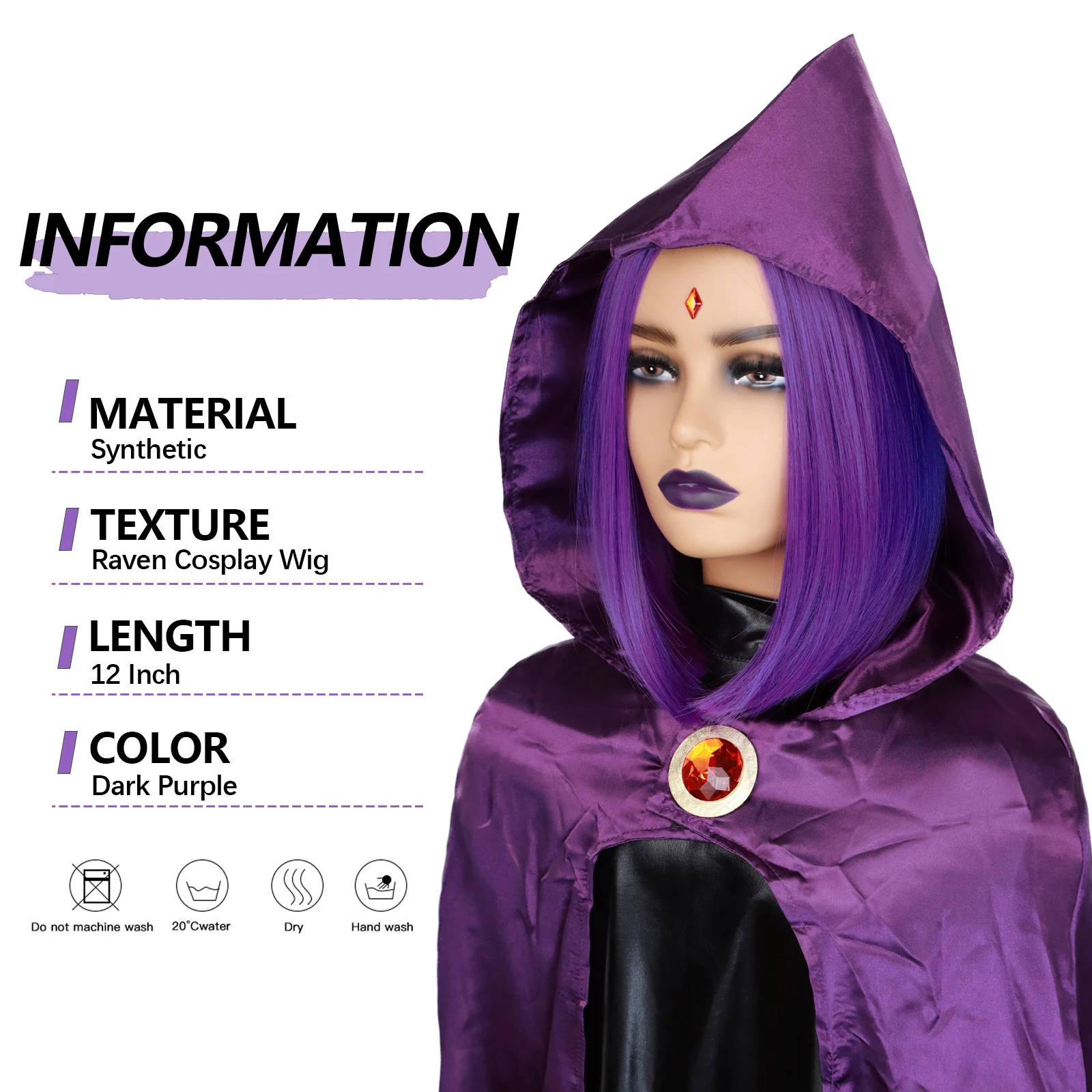 Women's Raven Superhero Purple Short Bob Straight Wig with 30Widow's Peak Synthetic Hair Cosplay for Halloween Costume Party image 2