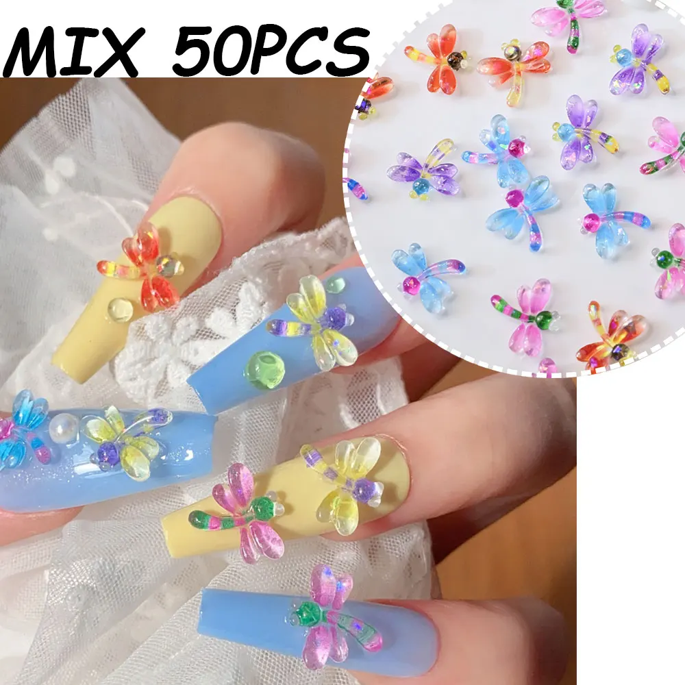 Breloques pour ongles en résine 3D, 50 pièces/lot, couleurs mélangées, décorations pour ongles en forme de libellule transparente et colorée, fournitures de manucure brillantes à faire soi-même