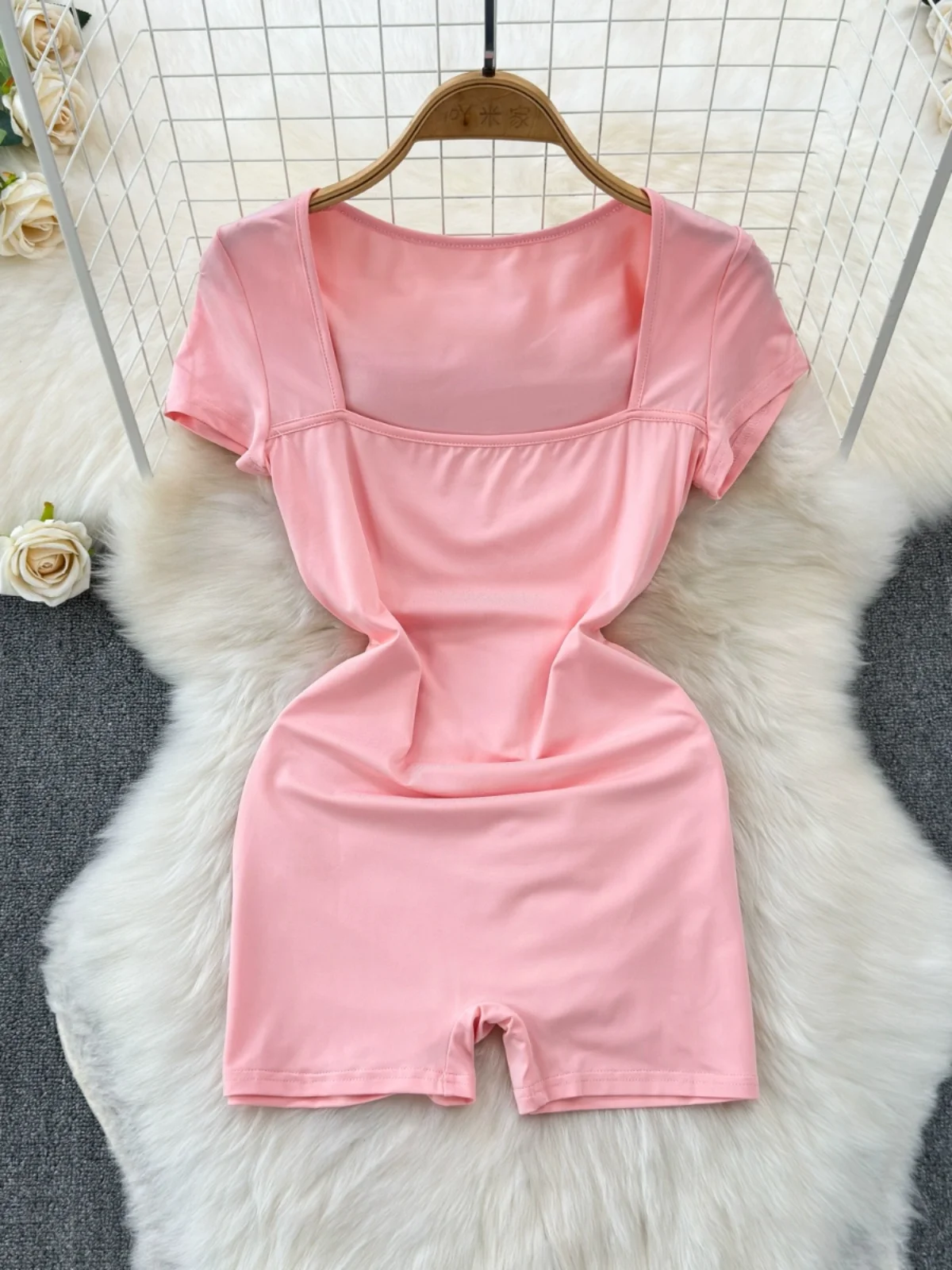 

Foamlina Casual Short Sleeve Playsuits for Women Fashion Summer Solid Square Neck Slim High Stretch Sportswear Fitness Playsuit